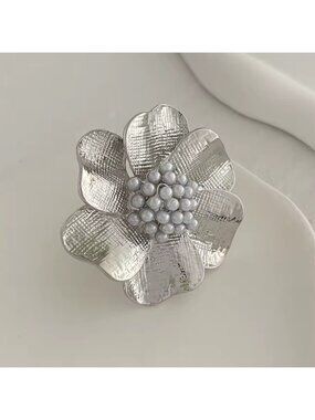 Anthropologie Flower Silver Pearl Adjustable Ring